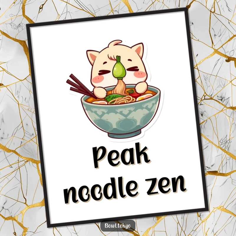 Funny Ramen Bowl Poster showcasing intense focus on balancing a green onion, adding a humorous artistic touch.