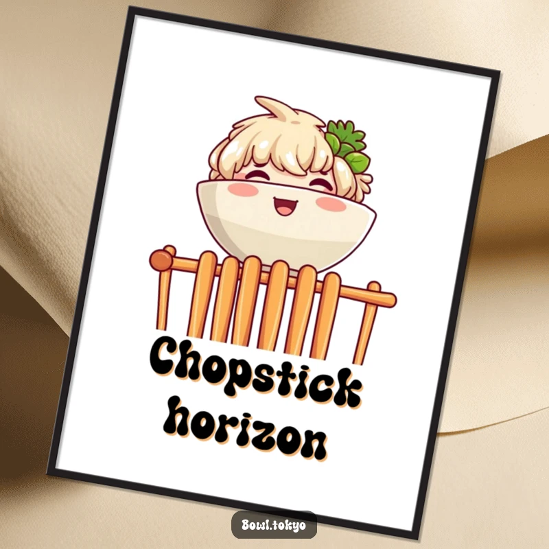 Funny poster showcasing a ramen bowl character joyfully peeking over a tall wall constructed from chopsticks.