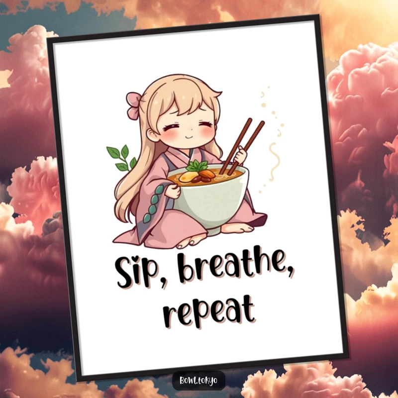 Funny ramen bowl in a flowing kimono, meditating beside steam, a calm and humorous art print for serene spaces.