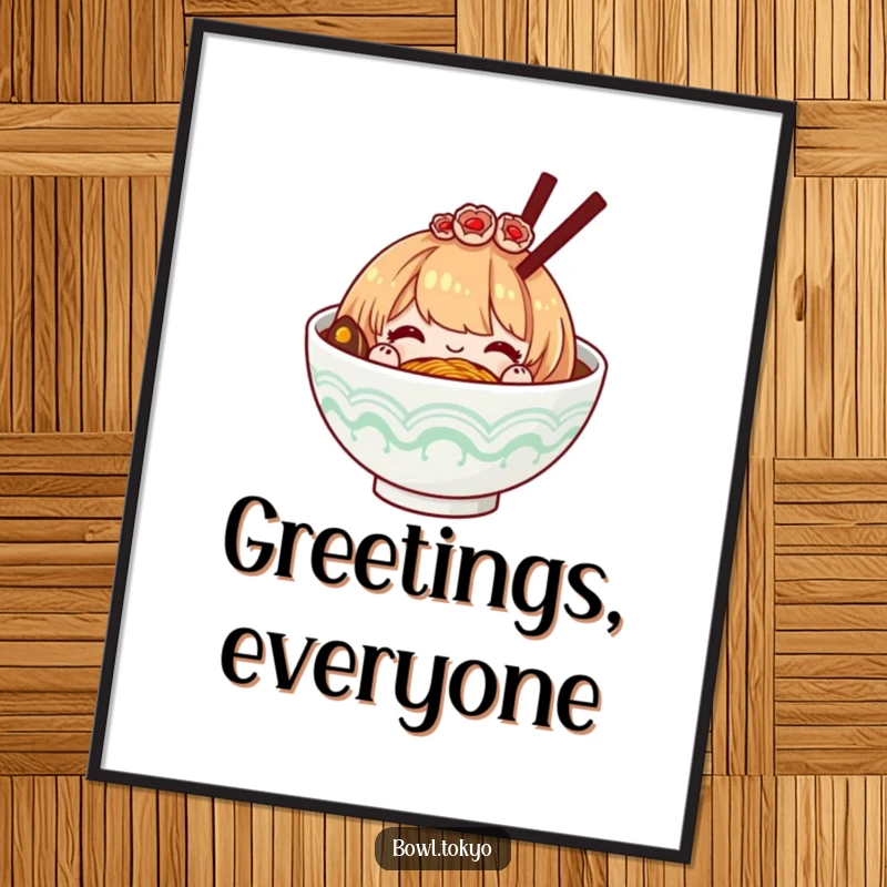 Funny ramen bowl with a decorative hairpiece, bowing with respect, an elegant and humorous art print for sophisticated spaces.
