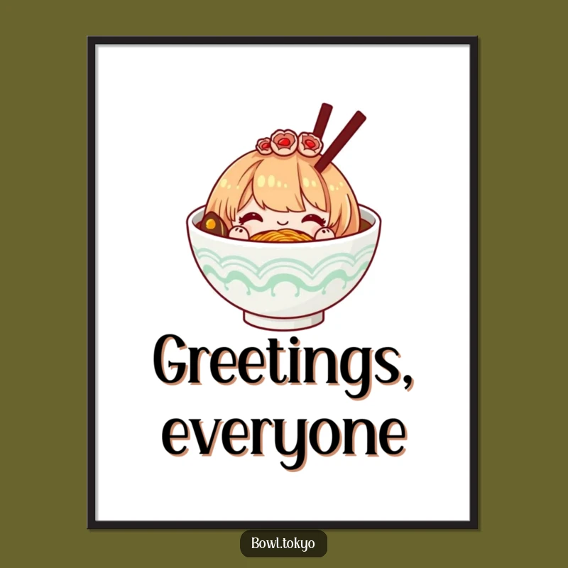 Funny Polite Ramen Bowl Hairpiece Poster, Bowing Noodle Art for Elegant Spaces and Gift Ideas