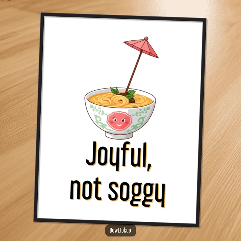 Funny ramen bowl with a tiny umbrella, happily twirling, a cheerful and humorous art print for vibrant decor.