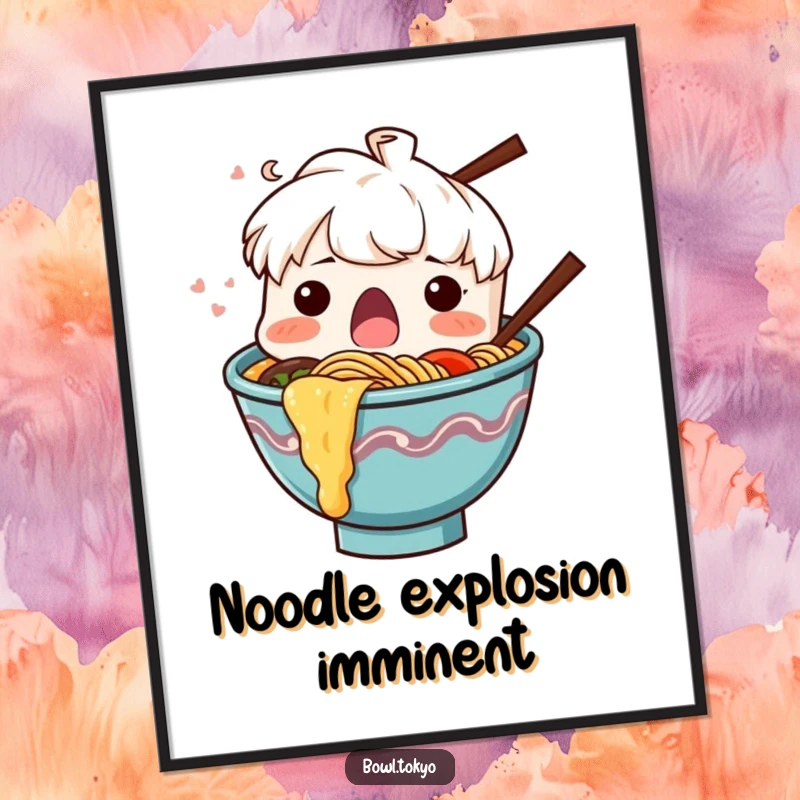 Funny Ramen Bowl Poster, a surprised character with noodles splashing out, perfect for humorous wall decor.