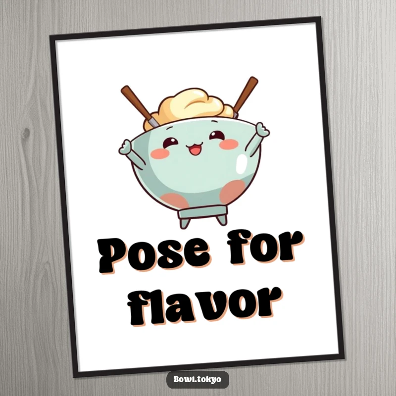 Funny poster showcasing a food bowl character and two energetic chopsticks striking a memorable, dynamic pose.