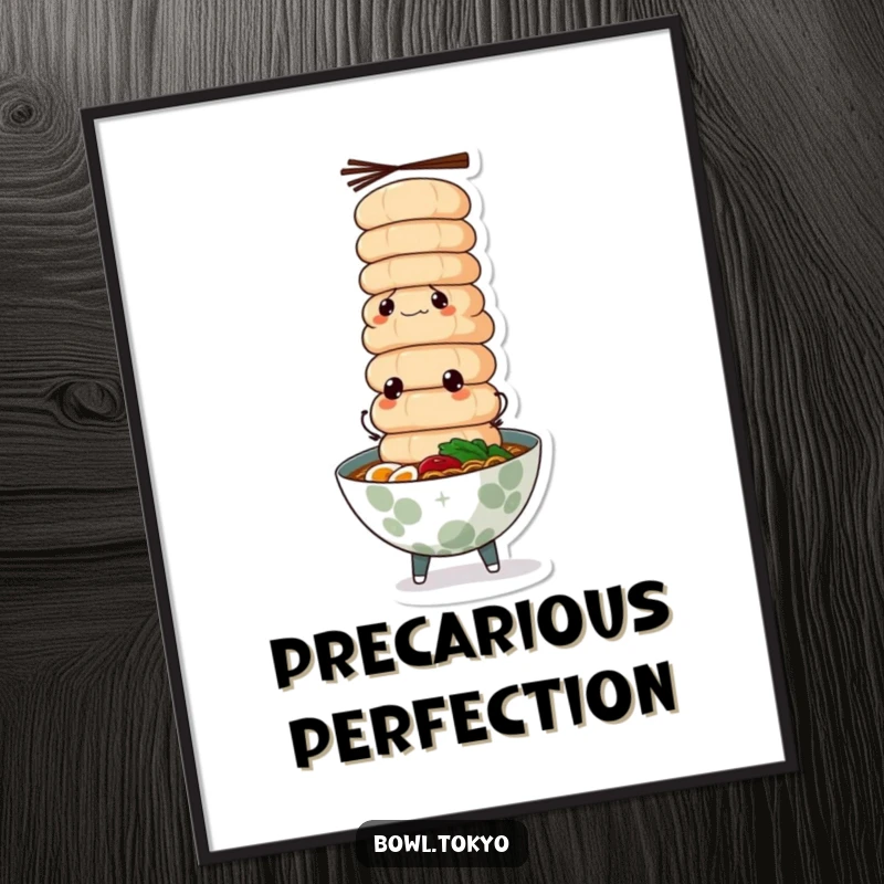 Funny ramen bowl poster, looking serious, perfectly balancing a tall stack of fish cakes, celebrating culinary precision.