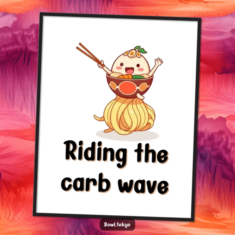 Funny poster featuring a happy ramen bowl character bouncing on a giant noodle, a whimsical and humorous piece of art.