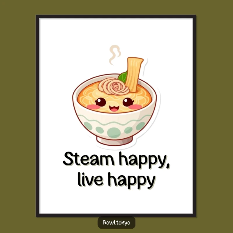 Funny Happy Ramen Bowl Poster: Cute Noodle Character Art Print Gift