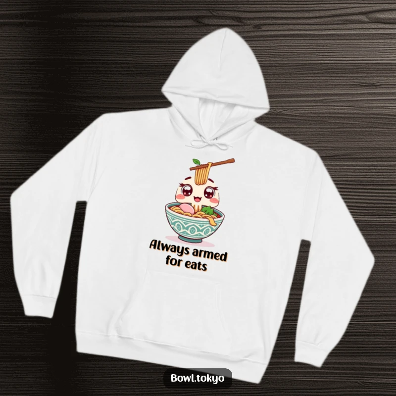 Funny Kawaii ramen bowl hoodie featuring wide excited eyes, offering a giant chopstick for a hug of cozy humor.