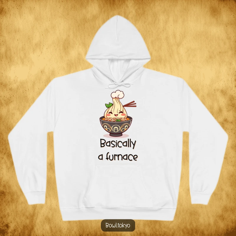 Funny Kawaii ramen bowl hoodie, depicting a cheerful character offering a fluffy steam cloud for ultimate cozy humor.