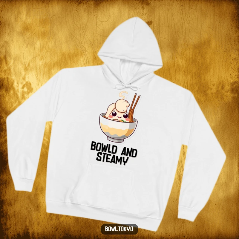 Funny Ramen Bowl Hoodie, featuring a cute character whose steam forms a happy face, perfect for warmth and humor.