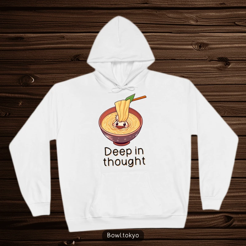 Funny curious ramen bowl hoodie character peering into a swirling vortex of flavorful soup, cozy and intriguing wear.