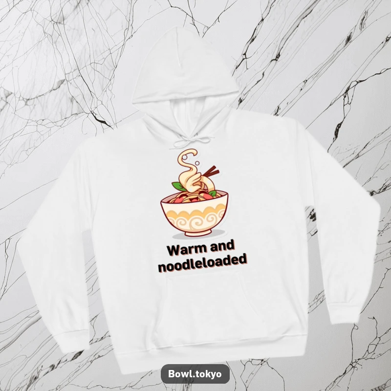 Funny ramen bowl hoodie character giggling with steam puffing happily, the ultimate cozy and humorous wear.
