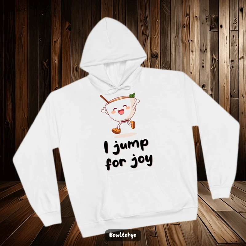 Funny ramen bowl in wooden clogs, mid-leap with joyful noodles, a cozy and humorous graphic on a warm hoodie.