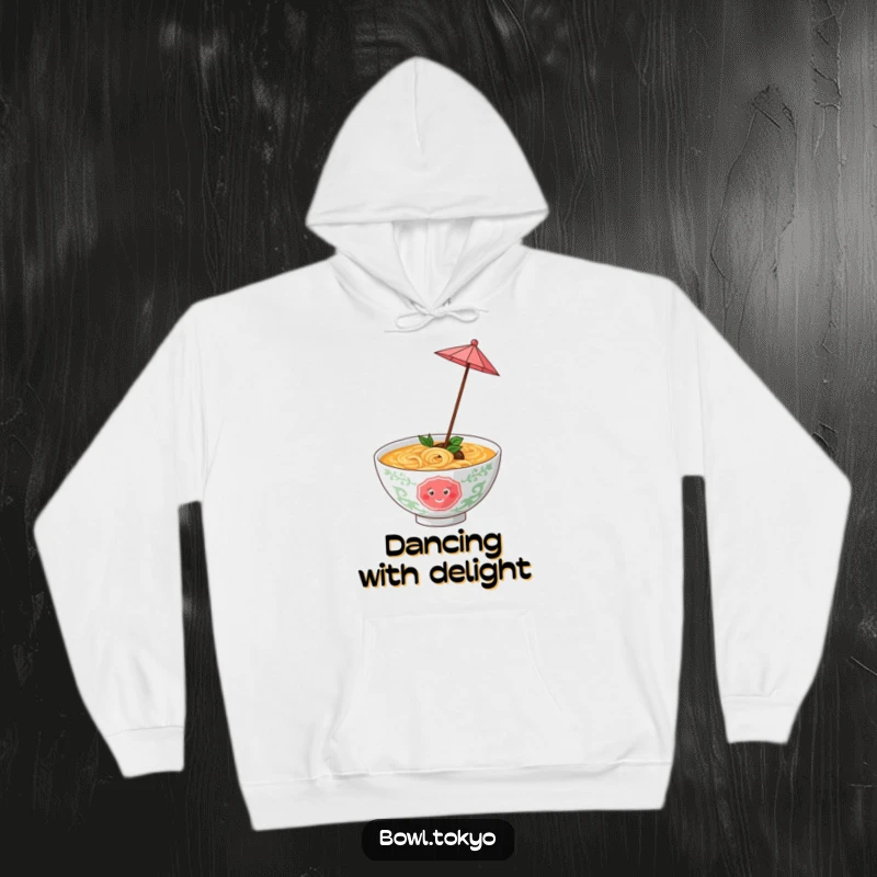 Funny ramen bowl with a tiny umbrella, twirling gleefully, a cozy and humorous hoodie for cheerful comfort.