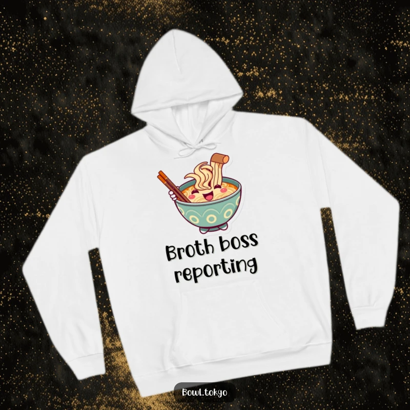 Funny Ramen Bowl Hoodie, a friendly character offering a chopstick greeting, ideal for cozy comfort.
