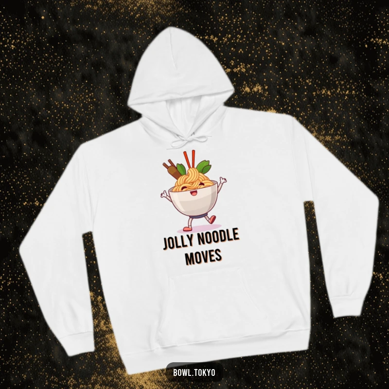 Funny happy ramen hoodie showing a noodle bowl character doing a jolly shuffle, perfect for spreading cheer.