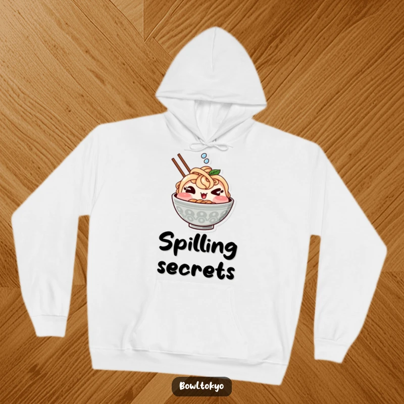 Funny hoodie with a cute Kawaii ramen bowl character winking mischievously and splashing, offering warmth and foodie humor.