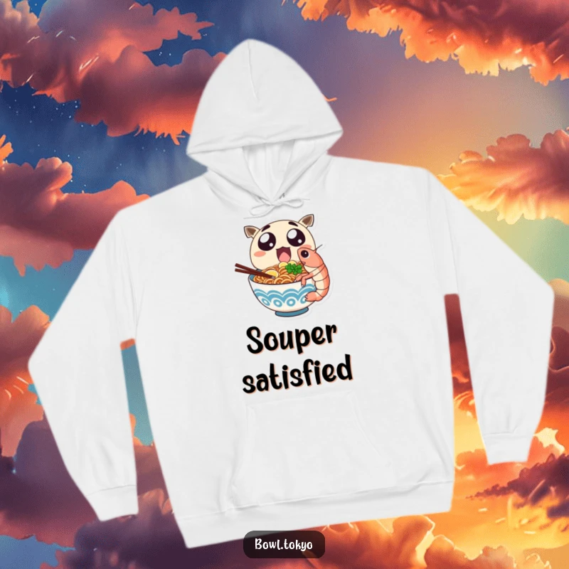 Funny ramen bowl character with ecstatic eyes goes for a giant shrimp bite, perfect for a cozy hoodie.