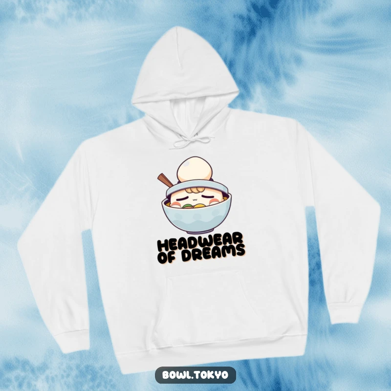 Funny Ramen Bowl Hoodie: Sleepy ramen character comically wearing a tiny egg on its head as a hat.