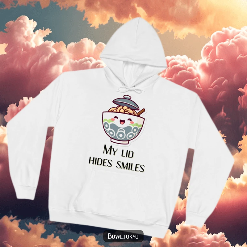 Funny Ramen Bowl Hoodie with a lid ajar, revealing a joyful face peeking out, perfect for cozy days.