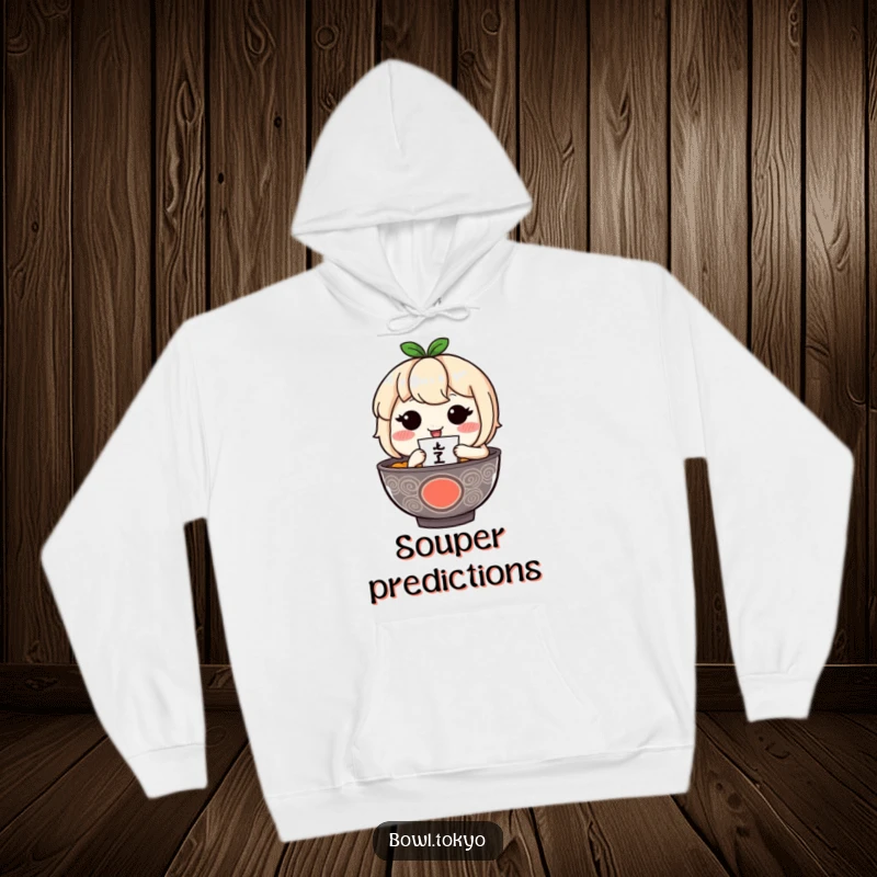 Funny ramen bowl character with shyly blushing cheeks cradles a small fortuneteller on this comfortable hoodie.