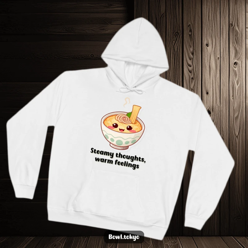 Funny Cozy Ramen Bowl Hoodie with a cute character's happy face made of steam, perfect for chilly days.