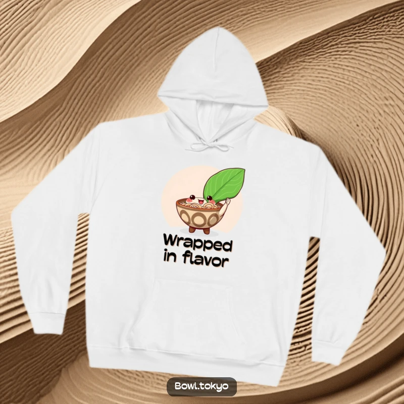 Funny happy ramen bowl hoodie character offering a giant shiny nori seaweed leaf, comfort and laughs combined.
