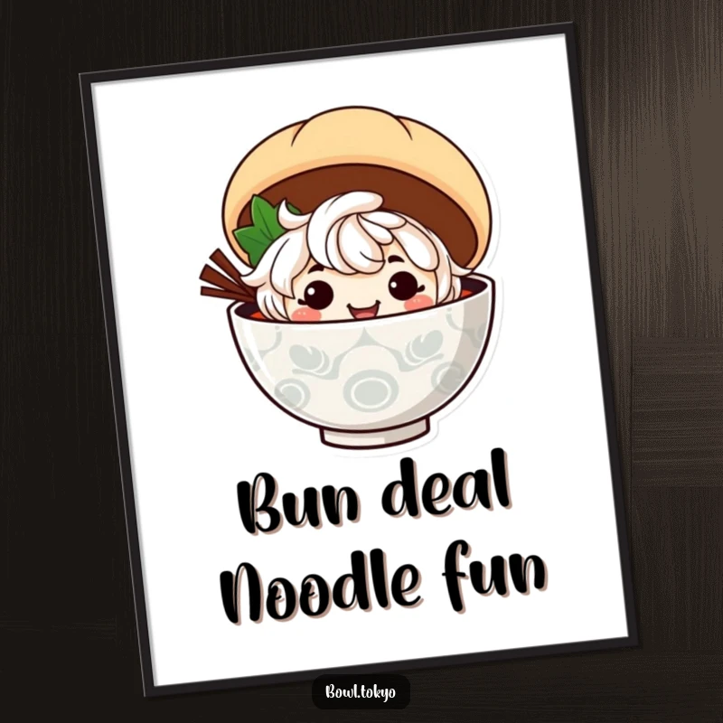 Funny Free Printable Wall Art: A ramen character with a mischievous grin peeking out from behind a delicious-looking steamed bun!