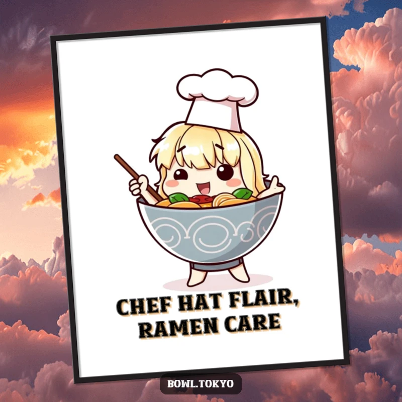 Funny Free Printable Wall Art: A ramen bowl character in a tiny chef hat poses with dramatic flair.
