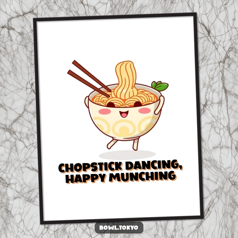Funny free printable wall art of a happy ramen bowl character doing a cute jig, chopsticks in hand, full of playful energy.