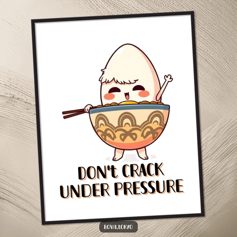 Free Printable Wall Art: Determined ramen bowl character balancing a giant egg, symbolizing focus and effort.