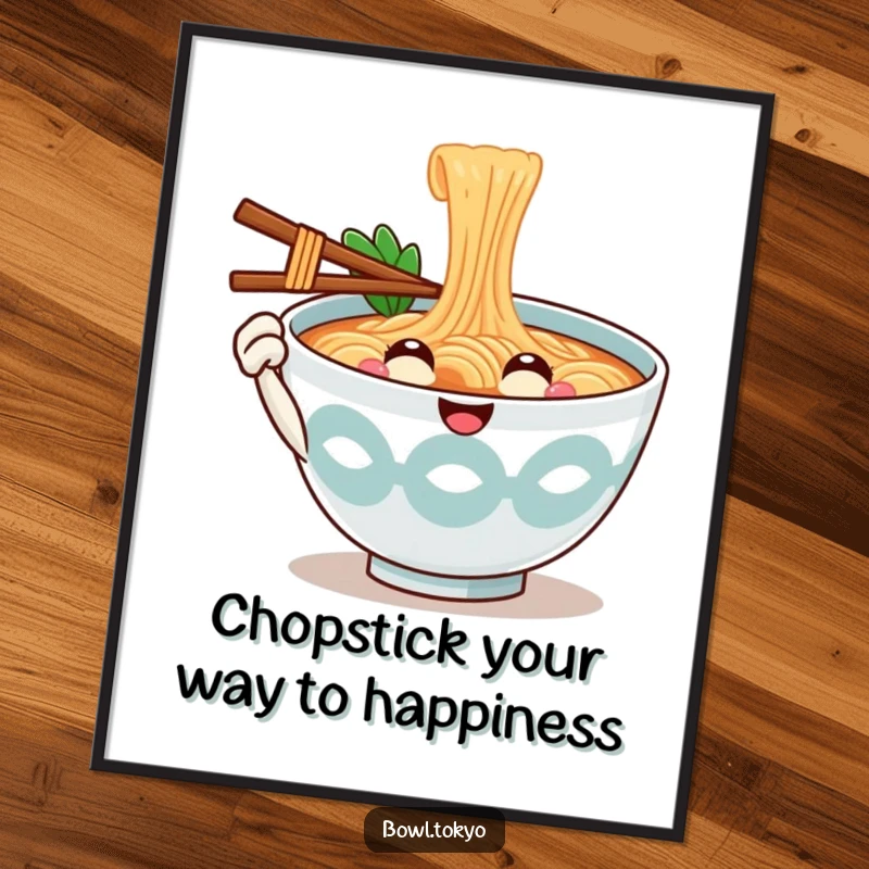 Free Printable Wall Art: Smiling ramen bowl character holding a chopstick out in a friendly hello gesture.