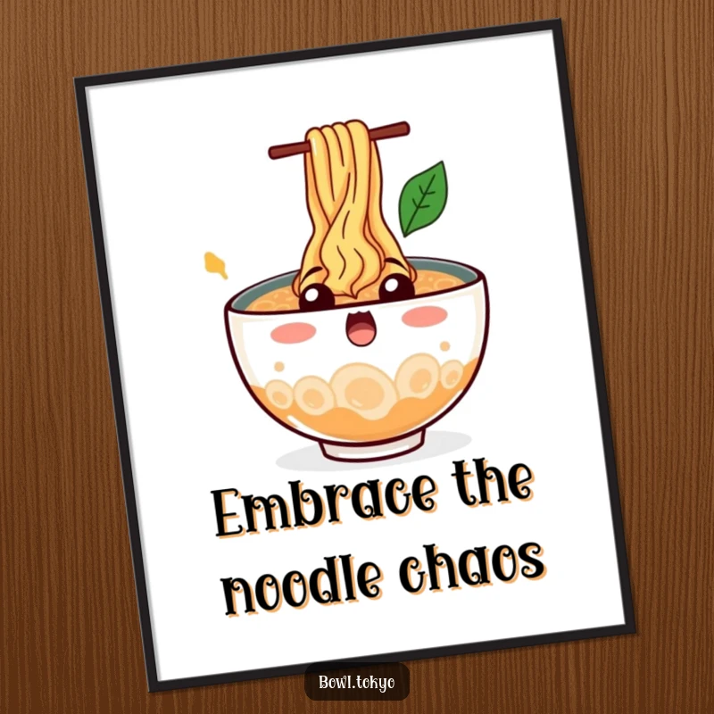Free Printable Wall Art: Surprised ramen bowl character with noodles splashing out, adding a dynamic element.