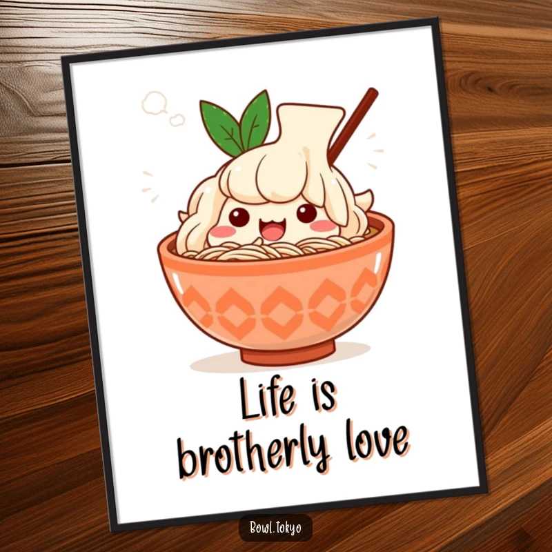 Funny Free Printable Wall Art: A happy Kawaii ramen bowl character sighs contentedly, enveloped in soft, swirling steam.