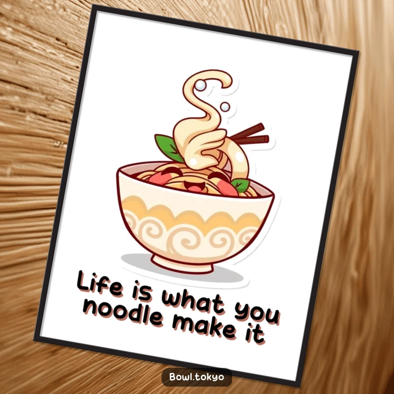 Funny Free Printable Wall Art: A giggling ramen bowl character with steam puffing happily, radiating joy and humor.