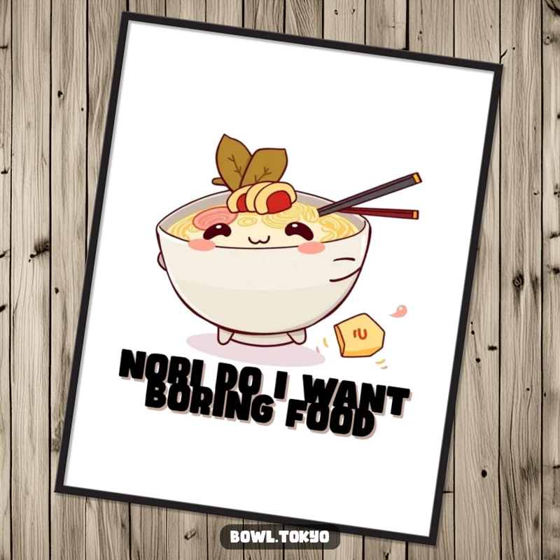 Funny Free Printable Wall Art: A Kawaii ramen bowl character playfully chases a runaway piece of nori across the art.
