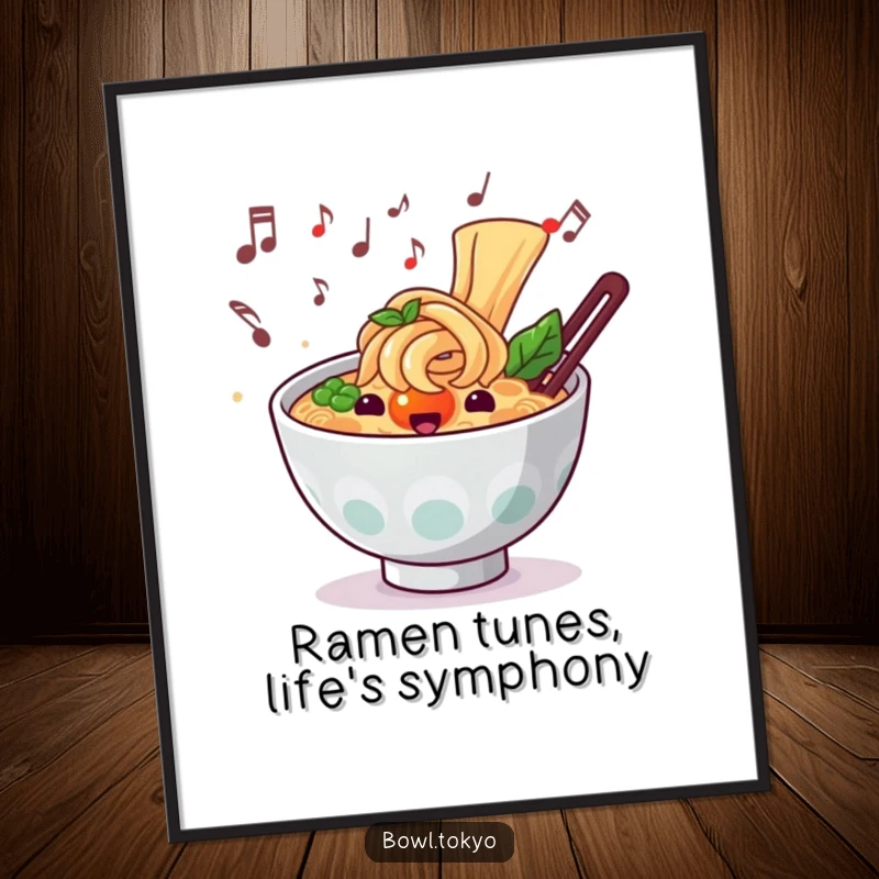 Funny Free Printable Wall Art: A ramen bowl character with musical notes floating around, creating a cheerful vibe.