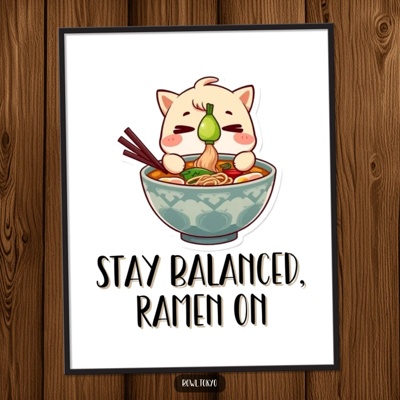 Funny Free Printable Wall Art: A ramen bowl character intensely balancing a tiny green onion on its nose, making it art.