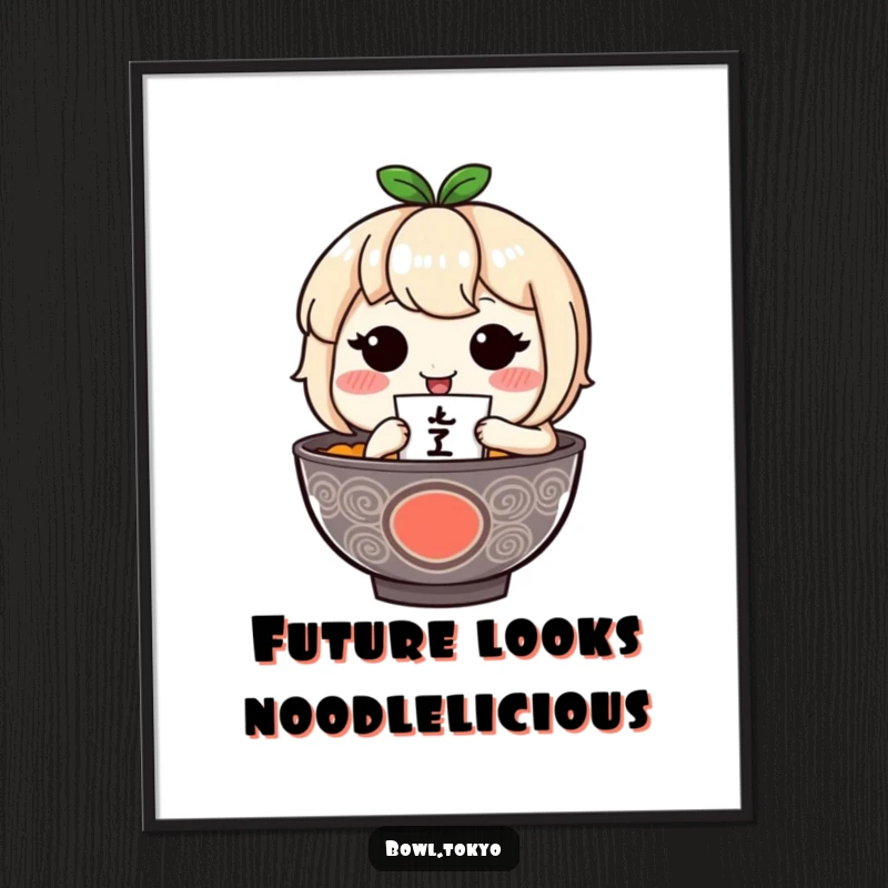 Funny Free Printable Wall Art: A shy ramen character with blushing cheeks holds a tiny fortune teller, predicting good times!
