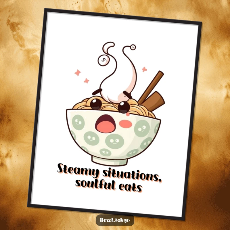 Funny free printable wall art of a ramen bowl character looking shocked, with comical steam erupting in a funny, eye-catching pattern.