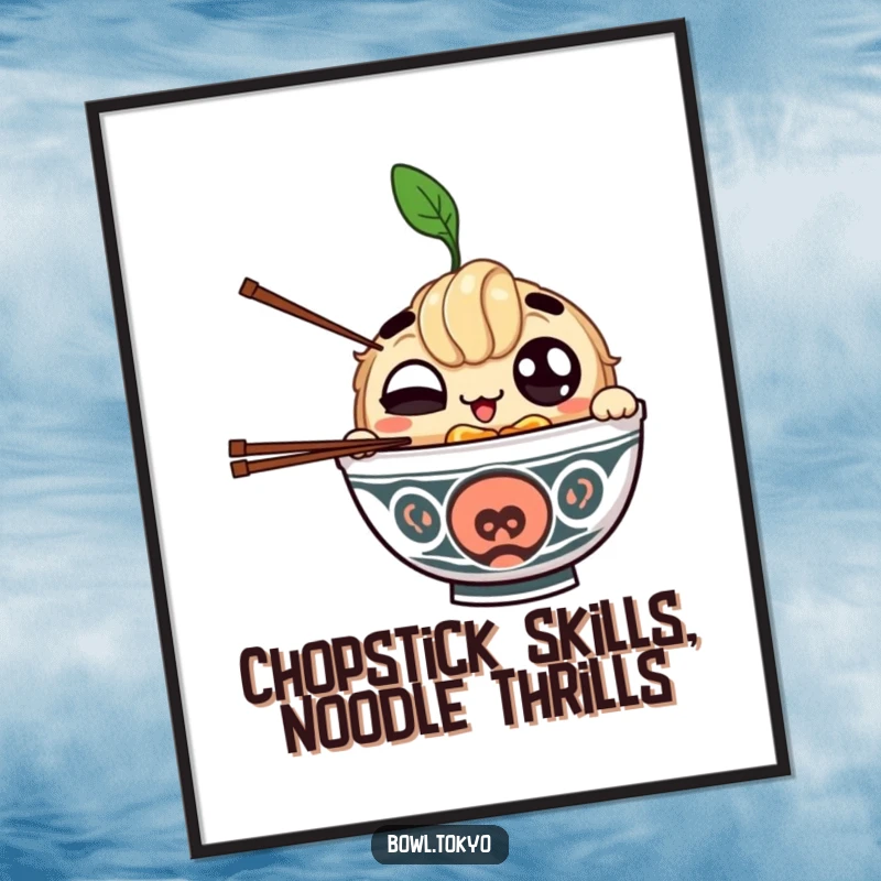 Funny Free Printable Wall Art: A ramen bowl character with big eyes winks while skillfully juggling chopsticks.