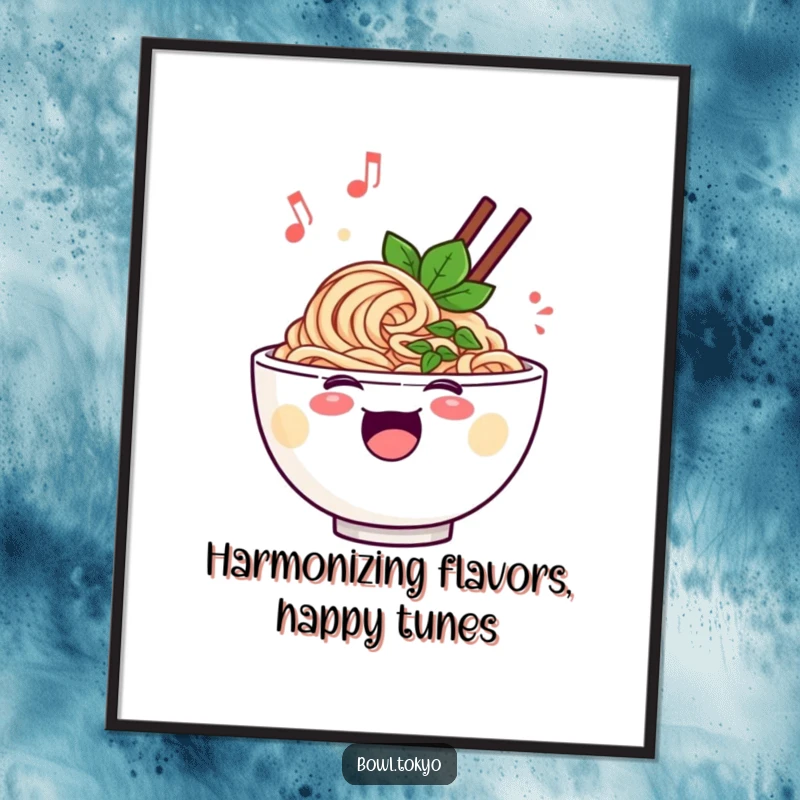 Funny free printable wall art of a cheerful ramen bowl character singing with musical notes drifting around its rim, radiating happiness.