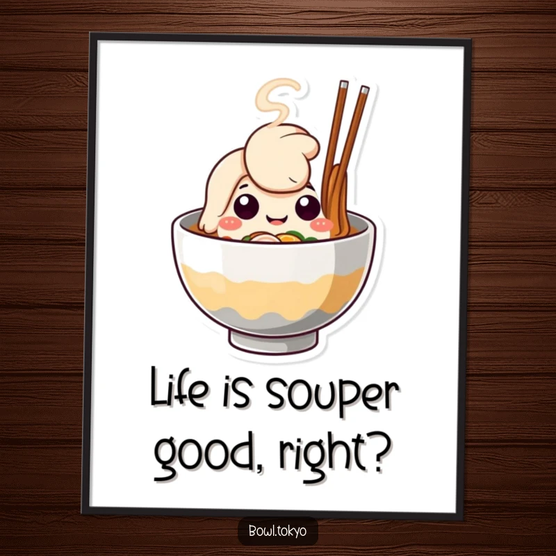 Funny Free Printable Wall Art: Cute ramen bowl character with a happy steamy face, bringing joy to your walls.