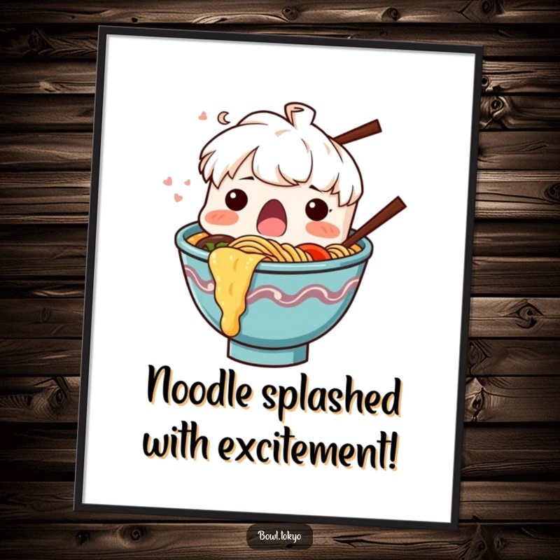 Funny Free Printable Wall Art: Surprised ramen bowl character with noodles splashing dramatically, adding excitement to decor.