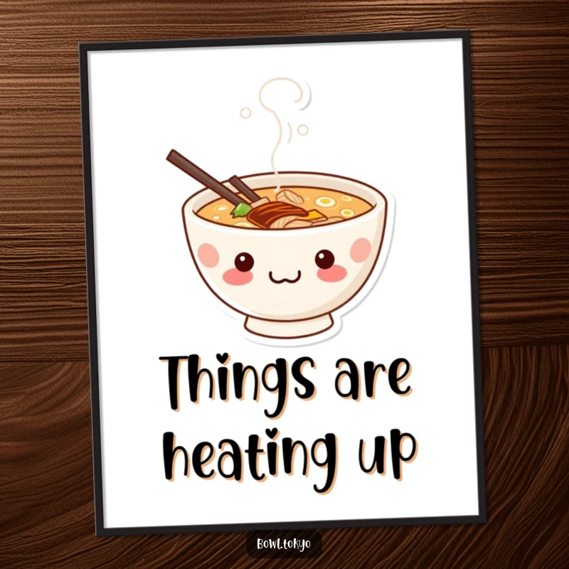 Funny Free Printable Wall Art: A kawaii ramen bowl with a cheeky, mischievous grin peeking from amidst swirling steam.