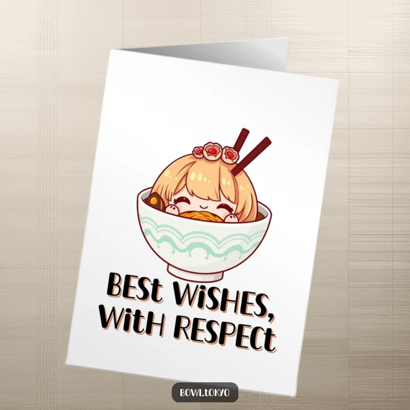 Funny Free Printable Birthday Card: A ramen bowl with a fancy hairpiece bowing politely.