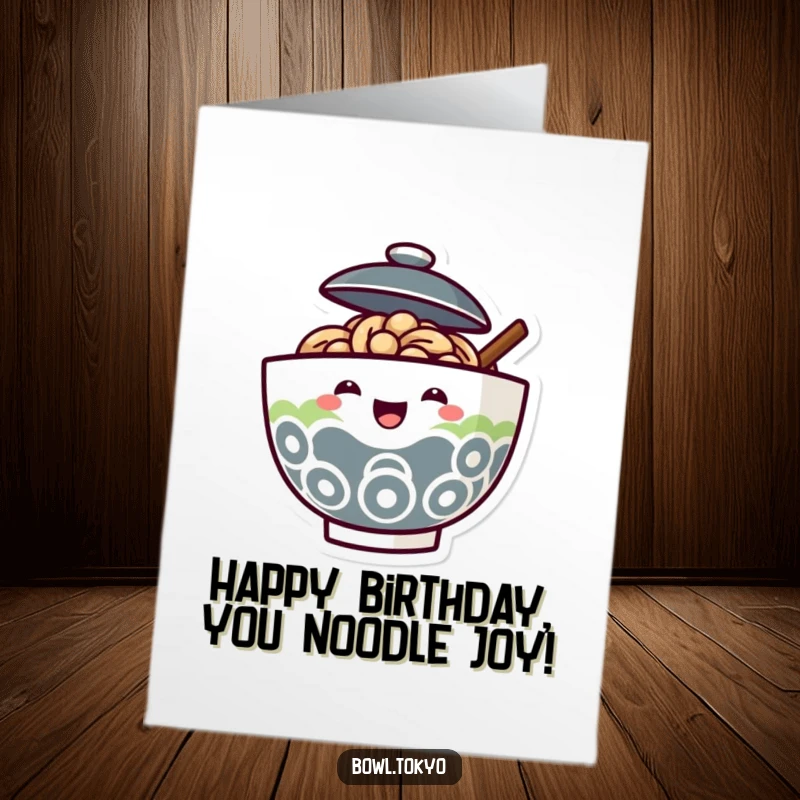 Funny Free Printable Birthday Card: A ramen bowl character with an ajar lid, peeking out with a joyful face.