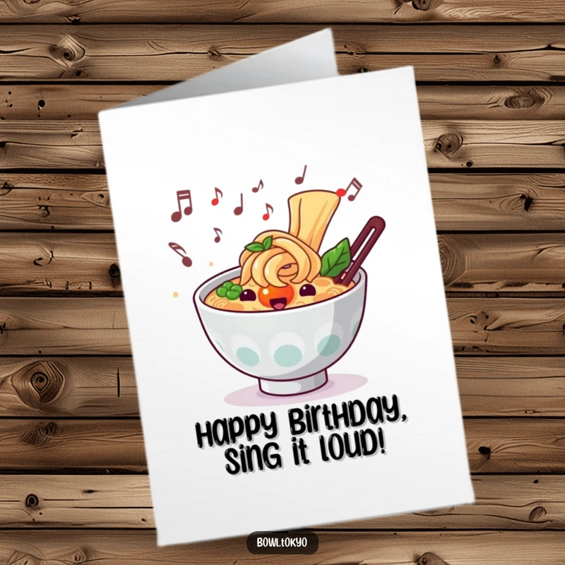 Funny Free Printable Birthday Card: A ramen bowl character surrounded by musical notes, singing a happy birthday tune.