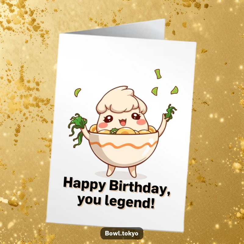 Funny Free Printable Birthday Card: Playful ramen bowl character juggling small pieces of seaweed with a smile.