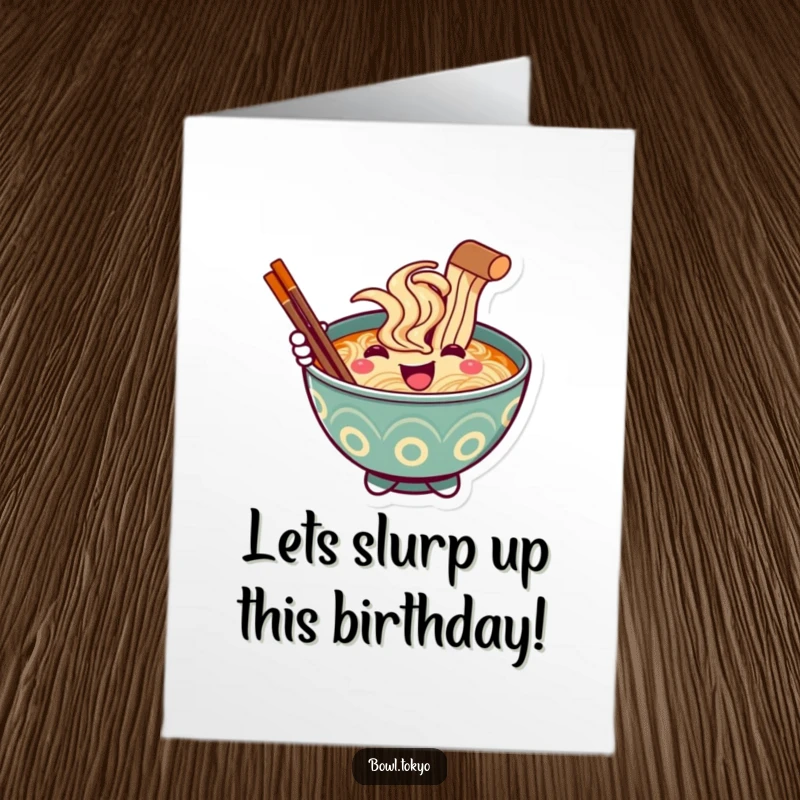 Funny Free Printable Happy Birthday Card: Smiling ramen bowl character offers a chopstick in a friendly greeting gesture.